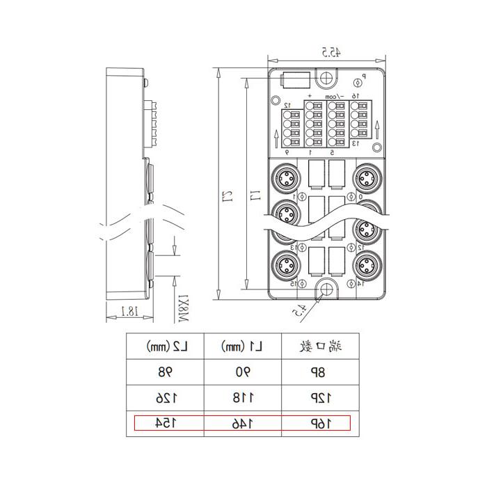 M8分线盒、单通道、PNP、16端口分体式、带LED 、带顶盖和电缆 、23PT16